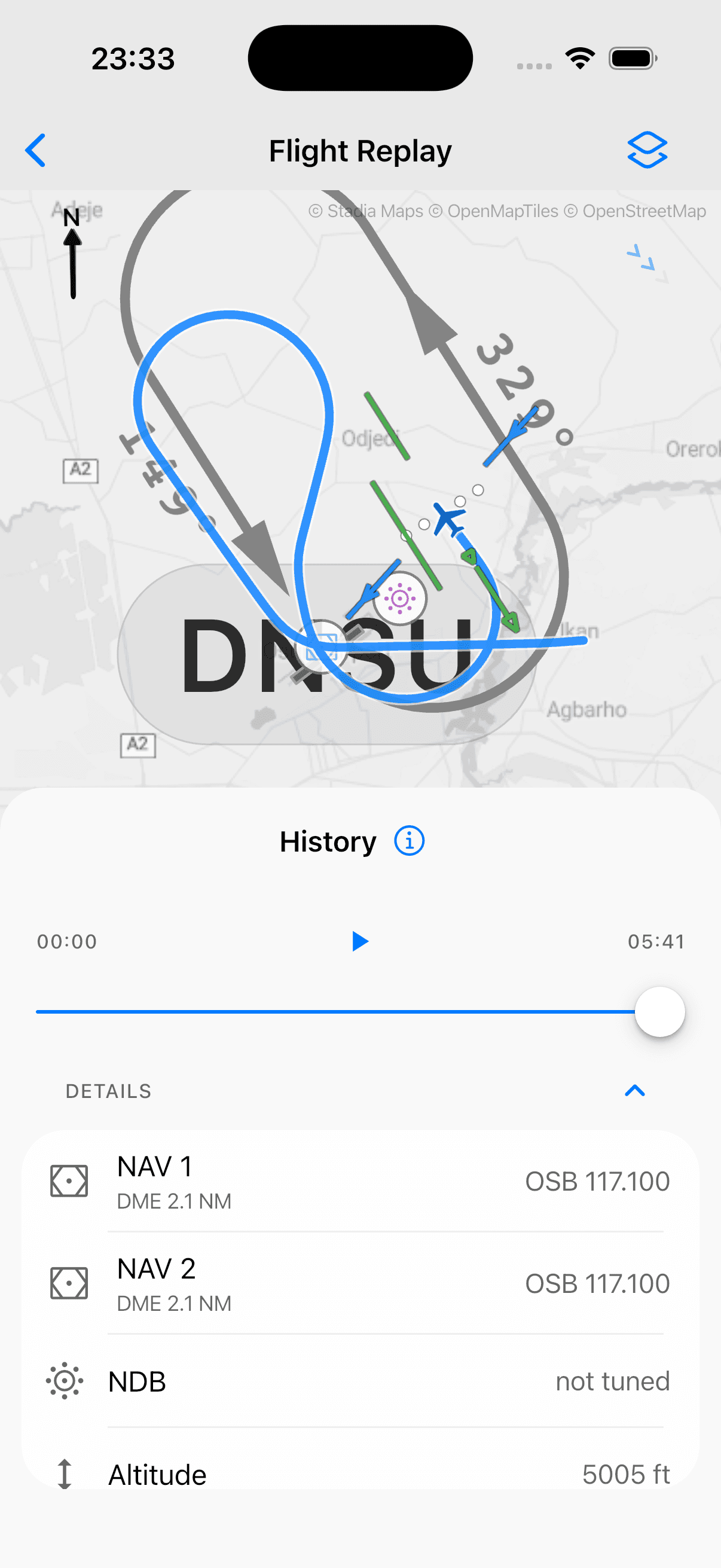 Flight debrief replay with needle overlay and timeline