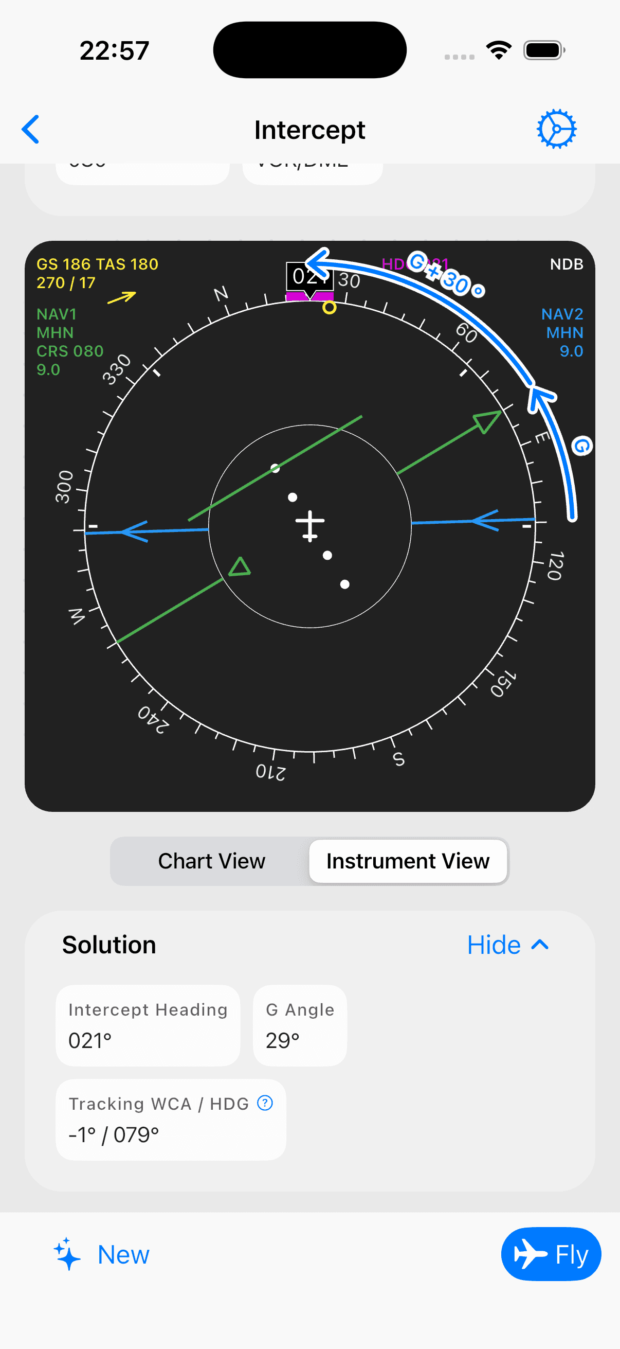 Instrument view with HSI needle setup and intercept heading